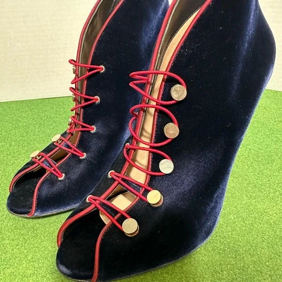 Gianvito Rossi Navy Blue Velvet Peep Toe Booties Pumps Heels Size 41 US 11